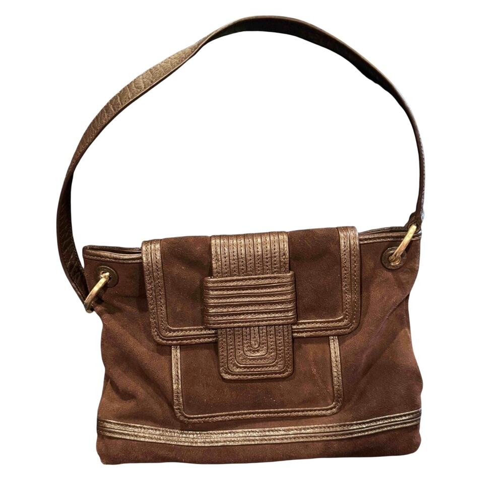 Elie Tahari Chocolate Brown Suede Satchel Bag Gold Hardware Classic Boho 9x12x2”